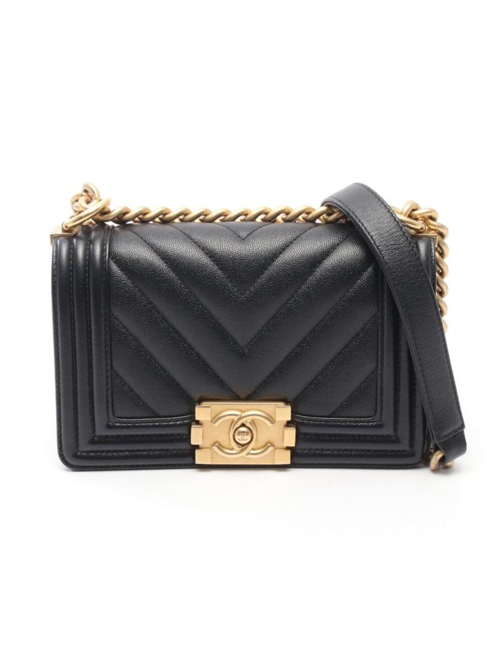 Chanel Shoulder Bag Boy Small Black Caviar Leather Boy Stitch Chain